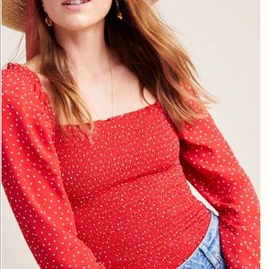 ANTHROPOLOGY SMOCKED POLKA DOTTED BLOUSE